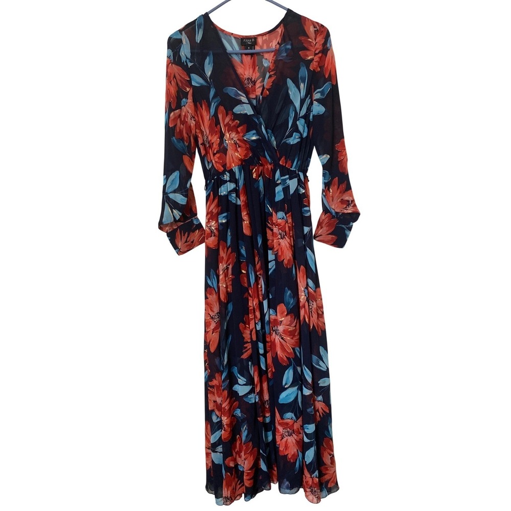 Alexa B Nites Floral Maxi Dress Navy Blue Red Gold Metallic Wrap V-Neck Size 6